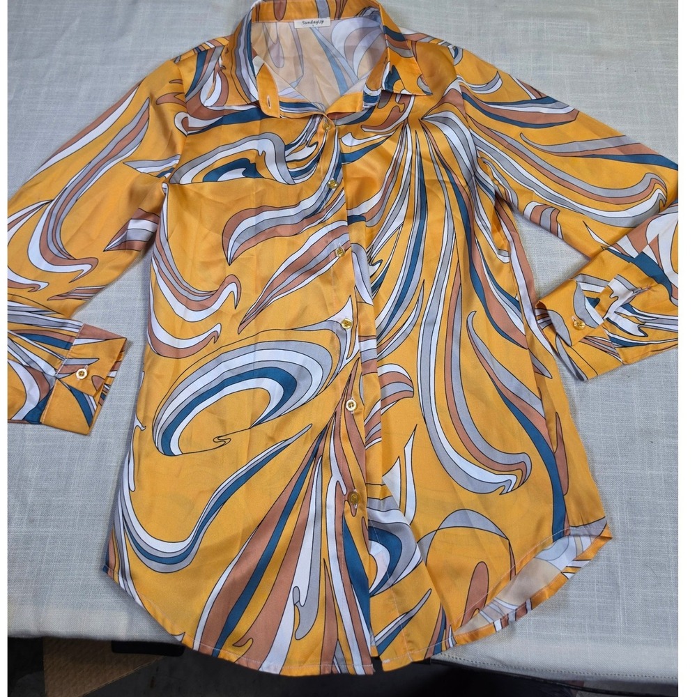 SundayUp Women Yellow Psychedelic Swirl Print Satin Button Down Blouse Small